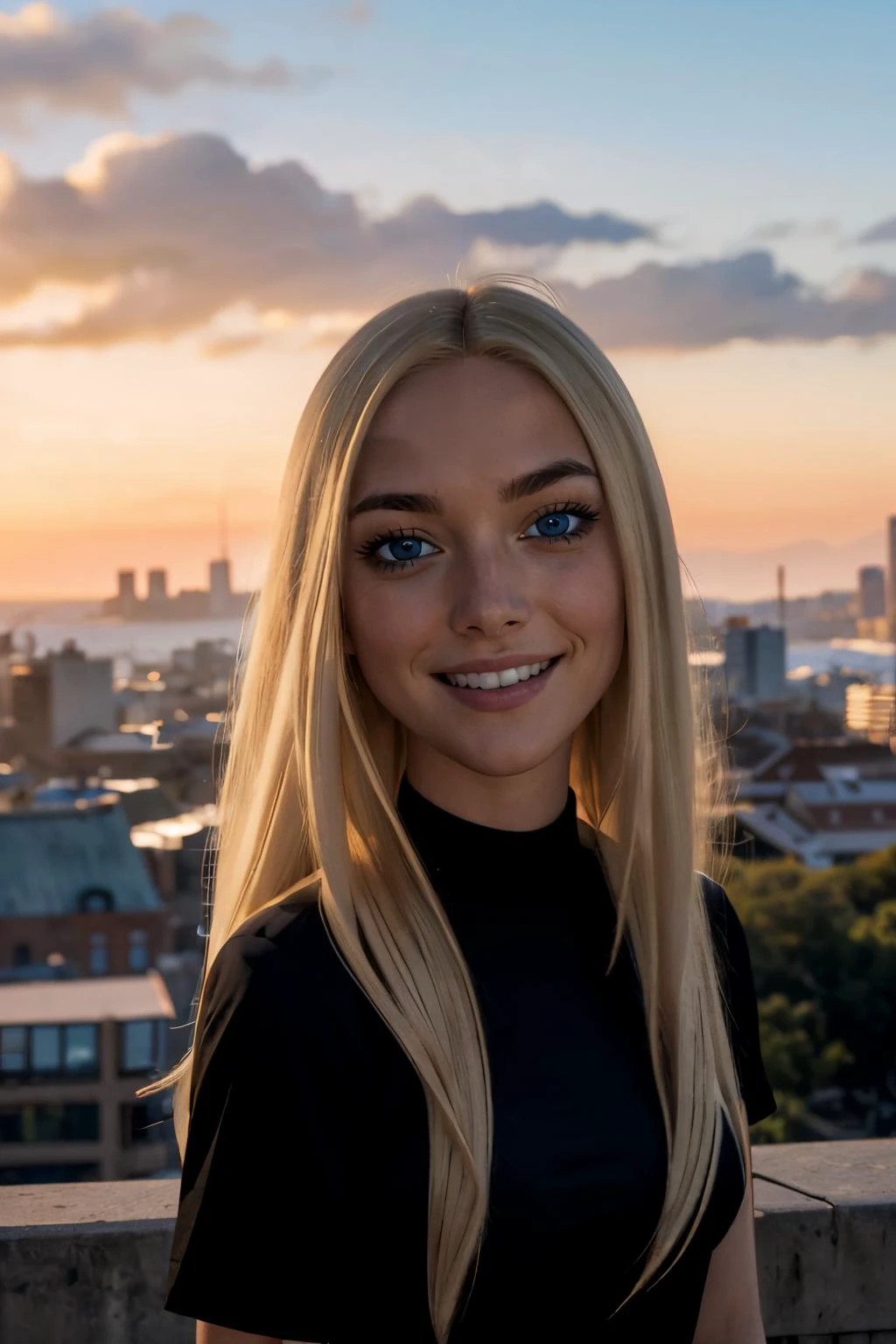 Terra, long blonde hair, blue eyes, black shirt, looking at viewer, smiling, close up, cityscape, dusk, sunset, high quality, masterpiece <lora:Terra:.7>