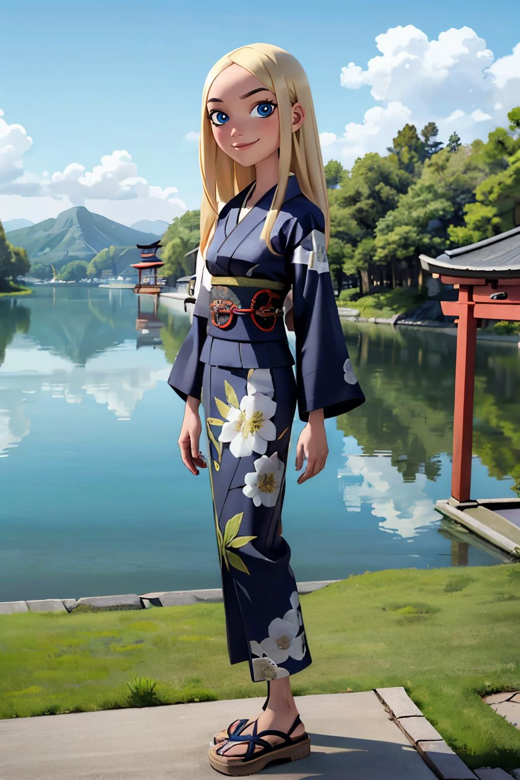 Terra, long blonde hair, blue eyes, traditional kimono, long sleeves, sash, looking at viewer, serious, smiling, standing, outside, garden, lake, red torii, shrine, blue sky, high quality, masterpiece <lora:Terra:.7>
