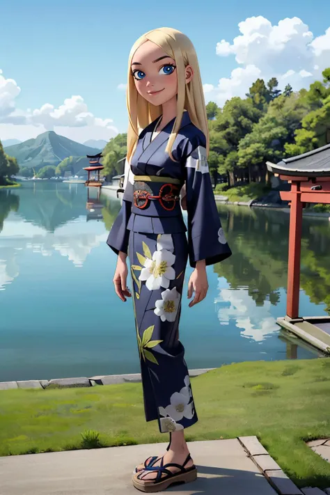 Terra, long blonde hair, blue eyes, traditional kimono, long sleeves, sash, looking at viewer, serious, smiling, standing, outside, garden, lake, red torii, shrine, blue sky, high quality, masterpiece <lora:Terra:.7>