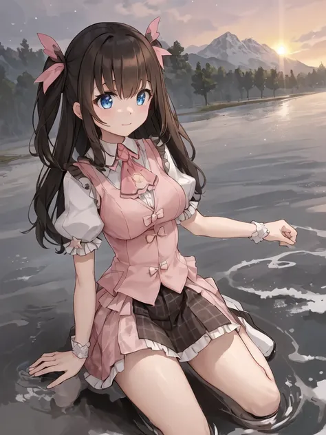 <lora:lovely:0.45>,brown hair, (brown skirt:1), blue eyes, twintails,
{{{masterpiece}}}, {{best quality}}, {{super fine illustration}}, {{beautiful and delicate water}}, {{beautiful and detailed eyes}}, {very detailed light}, {perfect and delicate limbs}, {nature}, {painting}, {water bloom}, {delicate glow}, {{very fine 8KCG wallpaper}}, lavender eyes, peach pink pupils, whole body, luminous eyes, an extremely delicate and beautiful girl, (1 girl), medium chest circumference, dynamic angle, (brown dress), (long hair floating everywhere), (delicate wet dress), (nsfw), (breeze), long hair blown up, ((messy hair style)), (long bangs between eyes), wrinkled skirt, Flowers meadow, near the water edge, (((sunset))), (less stars form a circle), randomly distributed clouds, (rivers), (willows with branches falling into the water),
{{{masterpiece}}}, {{the best quality, super fine illustrations, beautiful and delicate water}}, {{very delicate light}}, {{nature, painting}}, {{fine lighting, more transparent stars, high-quality snowflakes, high-quality mountains, very fine 8KCG wallpapers}}, (plateau), (((snow mountain))), sunrise, randomly distributed clouds, (snow field), cliff, ((rotating star sky)), ((lake in mountain stream)), luminous particles