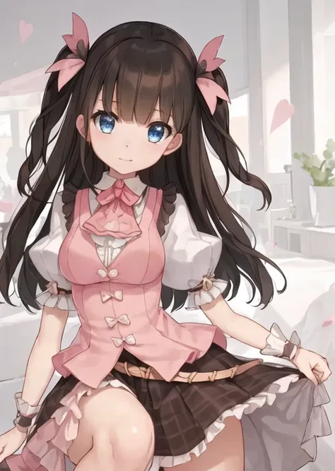 <lora:lovely:0.55>, (((masterpiece))), (((best quality))), ((ultra-detailed)), (illustration), (1 girl), (solo), ((an extremely delicate and beautiful)), girl, ((beautiful detailed sky)), beautiful detailed eyes, hairs between eyes, ribbons, bowties, buttons, bare shoulders, (small breast), blank stare, close to viewer, ((breeze)), Flying splashes, Flying petals, wind, brown hair, blue eyes, hair ornament, nsfw, skirt lift,