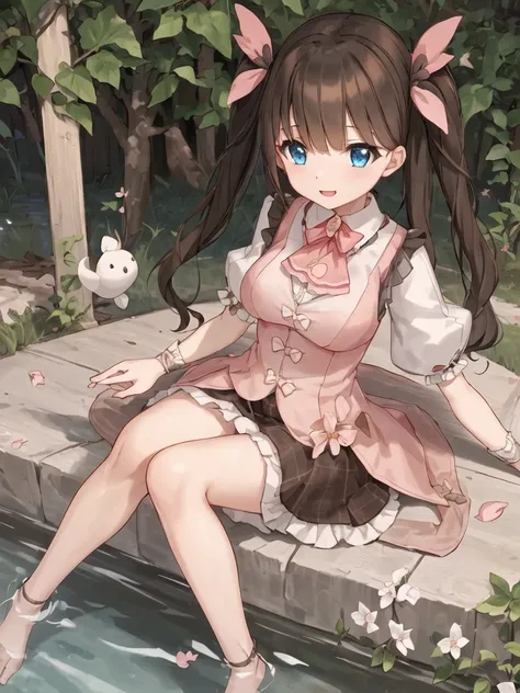 <lora:lovely:0.45>, brown hair, blue eyes, brown skirt, twintails, 

(best quality), (masterpiece), incredibly_absurdres, highly detailed, refined rendering, illustration, (highres), original, night_sky, 
(close_on:1.2), (close shot), (1girl:1.3) is (sitting on the tree) and soaking feet, [[light smile]], very_long_hair, water inner hair, little double bun, (beautiful detailed eyes), floating ribbon, 
(peach blossom), flowers, (flower) tree, Petals on water, floating Petals, [[full moon]]
