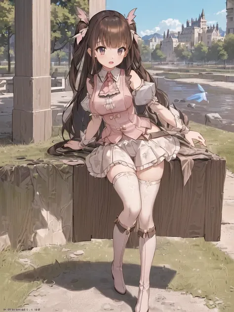 <lora:lovely:0.43>, brown hair, brown skirt, twintails, 

(ultra-detailed),(best shadow),classic,(cinematic lighting),dynamic angle,(finely detail),(best masterpiece:1.6),(extremely detailed CG unity 8k wallpaper:1.45),extremely detailed illustration,[3d].(((solo))),(((An extremely delicated and beautiful) girl is spreading her (beautiful wings) and ((flying in the sky)))).(((She has an extremely detailed and beautiful cute anime face),extremely detailed body), bare shoulders,floating hair and detailed mouth).The girl is wearing (pink hair ornament),(white translucent (silk) hood),white robe with (gold pattern),white boots with black pattern,detailed white stockings.(The background is very detailed),((((There are many castles in the background)))), (The castles are ((on the clouds))),(Clouds surround the base of the castles)),(Many birds fly in the sky),((((There are many gorgeous colorful (hues)) at the top of the planting),and there are some (detailed) feathers falling in the sky.((((((The background is the sky at dawn)))))),(The light of dawn blooms gloriously))).The painting depicts a scene with many well-defined clouds have beautiful light and shadow