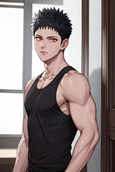 (Masterpiece), (top quality), (best quality), extremely detailed, high quality, highres, 16k, RAW, ultra highres, ultra details, finely detail, 1boy, zbm, red eyes, black spike hair, wearing black tank top, <lora:zombieman-4:1>