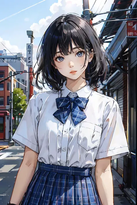 best quality, jk, 1girl, solo, looking at viewer, medium hair, black hair, closed mouth, white shirt, outdoors, lips, blue skirt, blue bowtie, upper body, <lora:jk_v2:0.6>