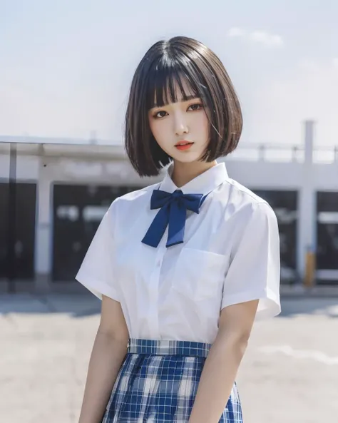 best quality, jk, 1girl, solo, looking at viewer, short hair, black hair, short sleeves, brown eyes, closed mouth, white shirt, outdoors, lips, blue skirt, blue bow, bob cut, blue bowtie, <lora:jk_v2:0.7>