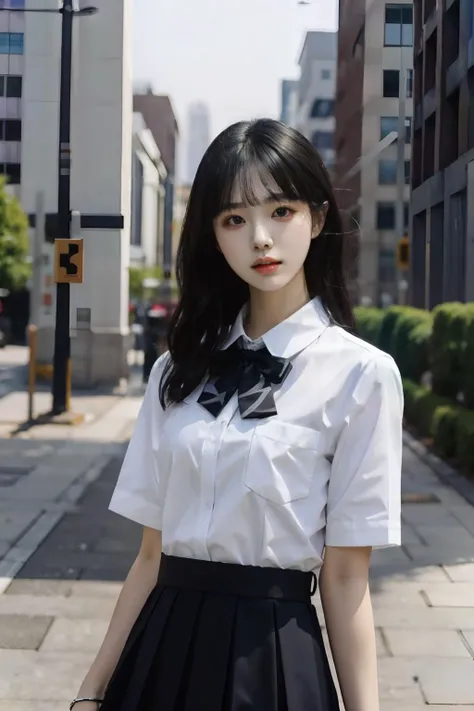 best quality, jk, 1girl, solo, looking at viewer, medium hair,  black hair,  closed mouth,  white shirt, outdoors,  lips, black skirt,  black bowtie, upper body,   <lora:jk_v2:0.6>