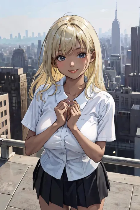 <lyco:jk_v2:0.6>jk, dark-skin,blonde hair, mini skirt, city,  large breasts, from above,
(best quality, masterpiece, RAW photo,ultra-detailed:1.2), <lyco:GoodHands-beta2:1.0>,1girl,solo,looking at viewer,smile