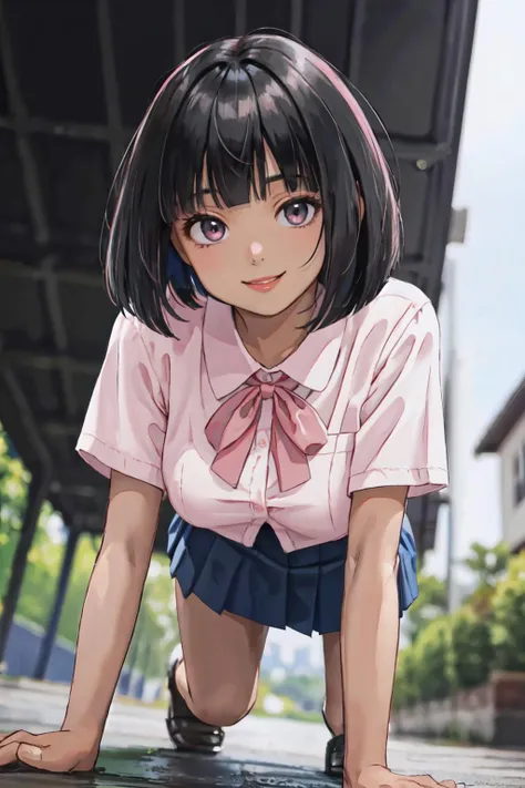 <lyco:jk_v2:0.6>jk, dark-skin,black hair, bob cut, mini skirt, large breasts, pink ribbon,crawling on all fours, , from below,
(best quality, masterpiece, RAW photo,ultra-detailed:1.2), <lyco:GoodHands-beta2:1.0>,1girl,solo,looking at viewer,smile,panties,