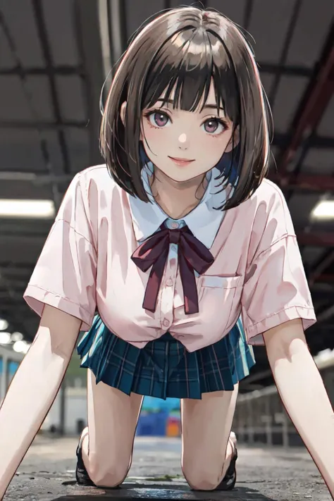 <lyco:jk_v2:0.6>jk, brown hair, bob cut, mini skirt, large breasts, pink ribbon,crawling on all fours, , from below,
(best quality, masterpiece, RAW photo,ultra-detailed:1.2), <lyco:GoodHands-beta2:1.0>,1girl,solo,looking at viewer,smile,panties,