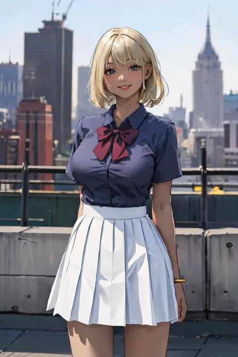 <lyco:jk_v2:0.7>jk, dark-skin,blonde hair, mini skirt, city,  large breasts,
(best quality, masterpiece, RAW photo,ultra-detailed:1.2), <lyco:GoodHands-beta2:1.0>,1girl,solo,looking at viewer,smile