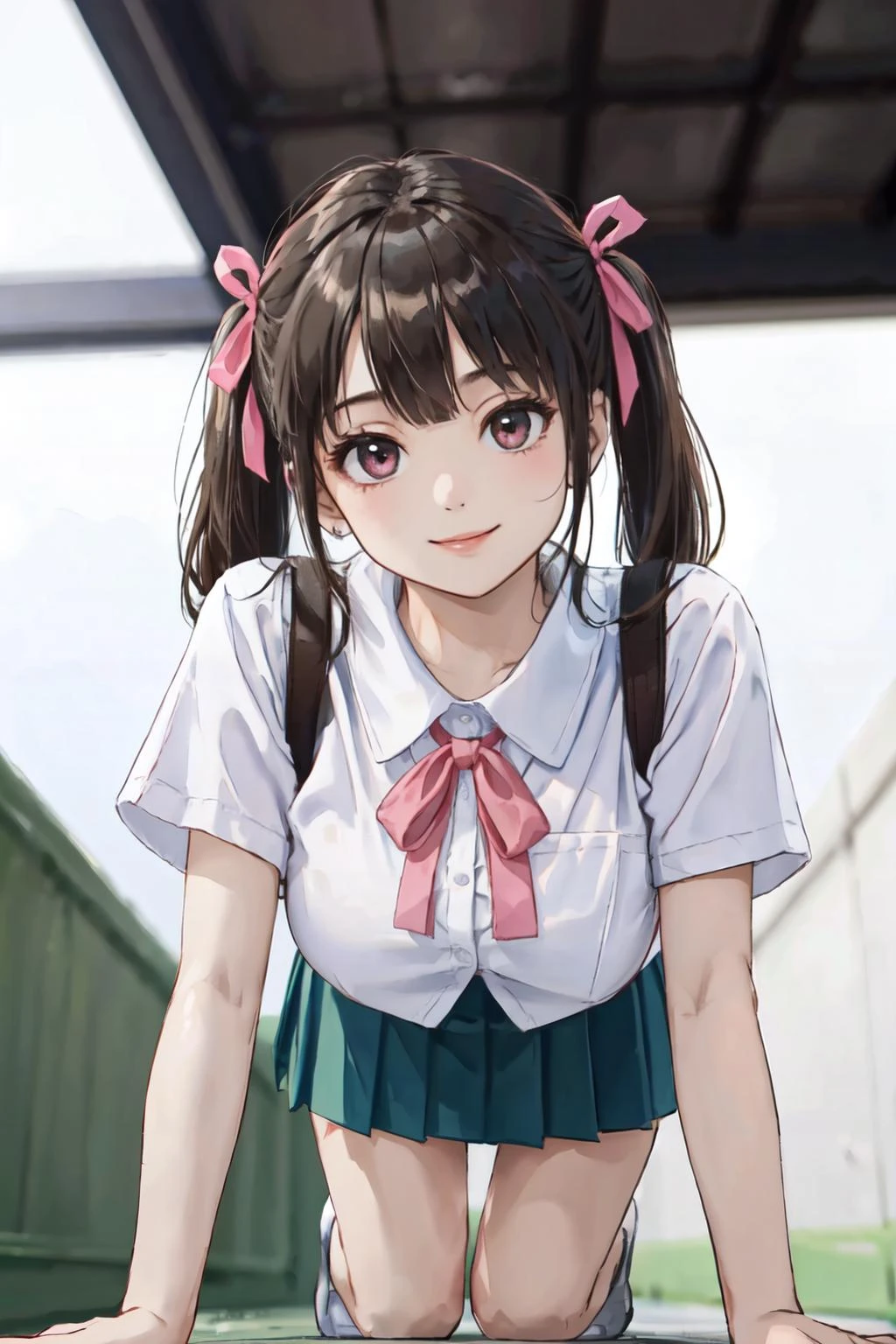 <lyco:jk_v2:0.6>jk, brown hair, twintail, mini skirt, large breasts, pink ribbon,crawling on all fours, , from below,
(best quality, masterpiece, RAW photo,ultra-detailed:1.2), <lyco:GoodHands-beta2:1.0>,1girl,solo,looking at viewer,smile,panties,