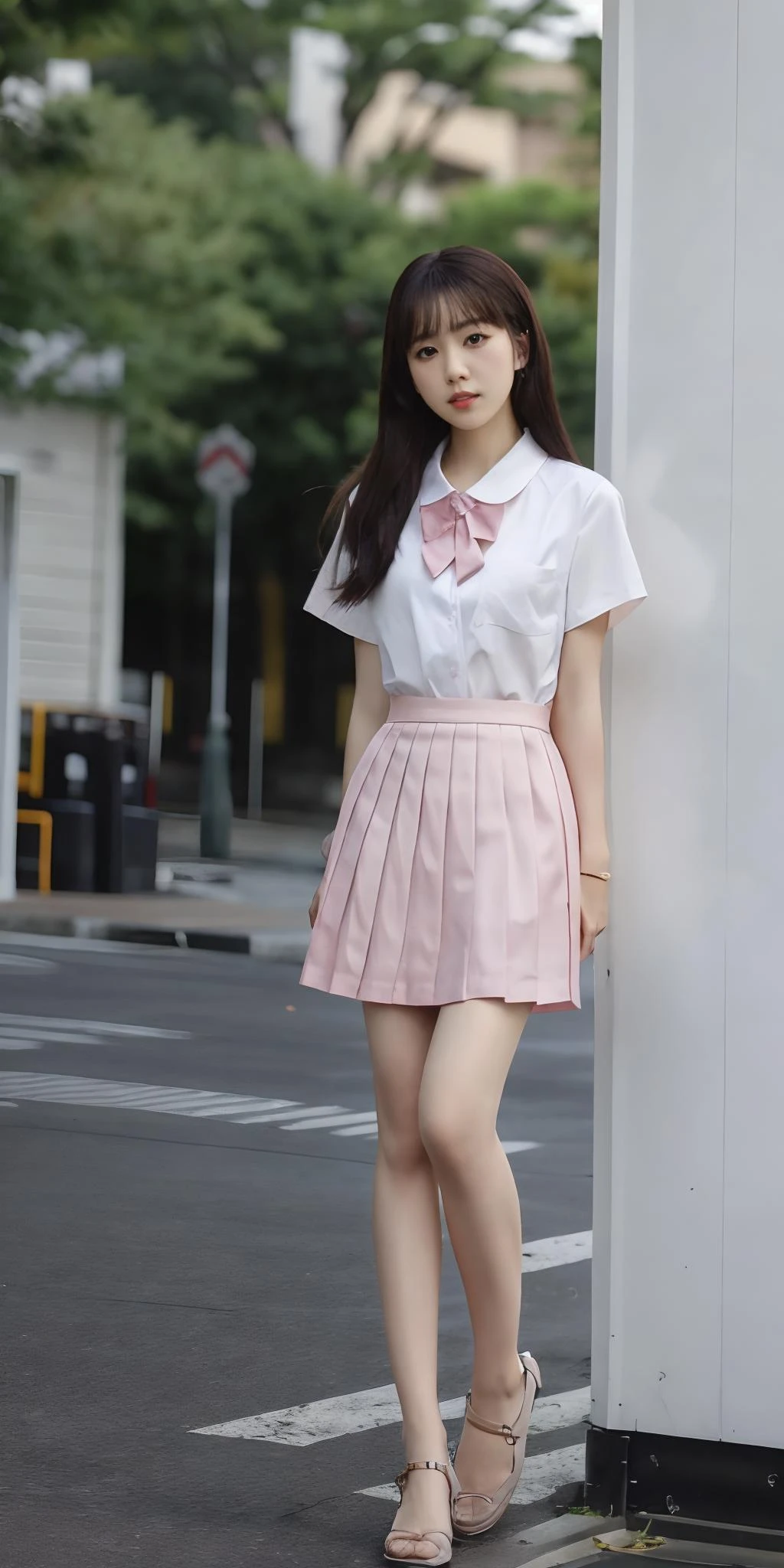 jk, 1girl, solo, long hair, looking at viewer, skirt, shirt, black hair, closed mouth, white shirt, short sleeves, pleated skirt, pink skirt, full body,
<lora:jk_v3:0.7>