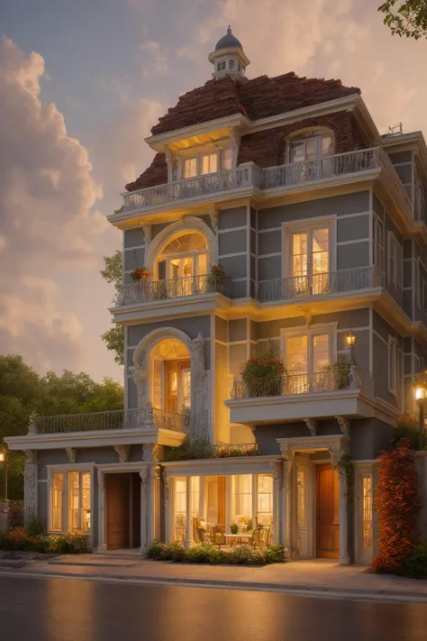 Evoking the essence of a meticulously crafted three-story classical mansion exterior in a digital illustration format. This work draws inspiration from the renowned artist Thomas Kinkade. The mansion is surrounded by a picturesque landscape, each detail carefully rendered, harmonizing nature and architectural grandeur. A balanced color temperature enriches the scene with a golden glow. The characters' faces bear content expressions, mirroring the tranquil ambiance. Illuminated by warm light, the scene imparts a dreamlike quality and a sense of serenity