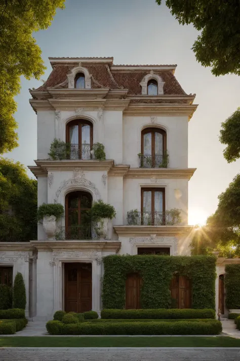 A luxurious and intricately detailed three-story neo-classical villa exterior scene, showcasing opulence. The art form chosen for this depiction is photography, captured with a 50mm lens. The esteemed photographer Ansel Adams serves as the source of inspiration. The villa stands amidst lush gardens, its ornate architecture emphasized by the play of shadows and sunlight. The color temperature is warm, enhancing the golden accents of the villa's design. The atmosphere exudes elegance, while the subjects exhibit serene expressions. Soft, natural lighting envelops the scene, creating a timeless ambiance