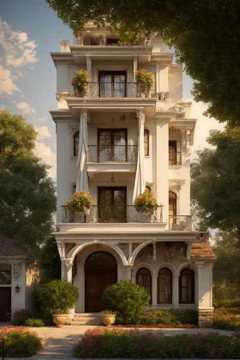 Evoking the essence of a meticulously crafted three-story classical mansion exterior in a digital illustration format. This work draws inspiration from the renowned artist Thomas Kinkade. The mansion is surrounded by a picturesque landscape, each detail carefully rendered, harmonizing nature and architectural grandeur. A balanced color temperature enriches the scene with a golden glow. The characters' faces bear content expressions, mirroring the tranquil ambiance. Illuminated by warm light, the scene imparts a dreamlike quality and a sense of serenity