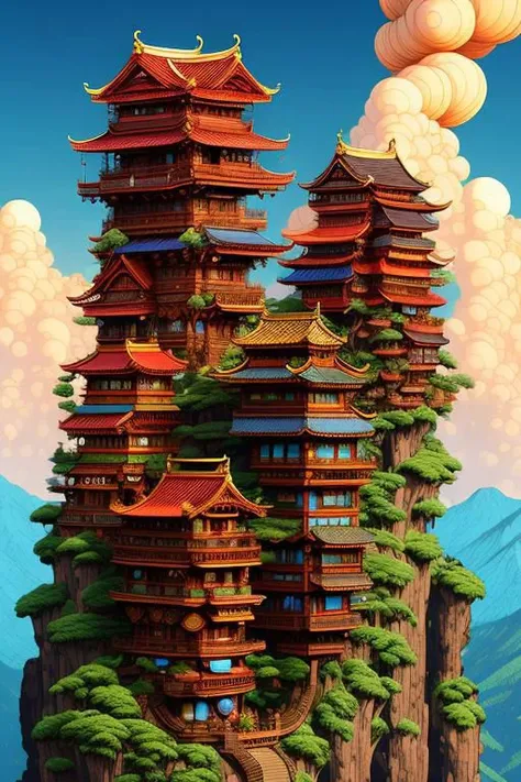 StackedCityAI, east asian architecture stacked wood buildings, mountain slope, rocks, wide street, monumental columns, fantasy shiny skyscrapers, detailed, vibrant, wood arks, no humans, masterpiece, best quality, geometric