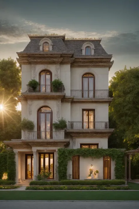 A luxurious and intricately detailed three-story neo-classical villa exterior scene, showcasing opulence. The art form chosen for this depiction is photography, captured with a 50mm lens. The esteemed photographer Ansel Adams serves as the source of inspiration. The villa stands amidst lush gardens, its ornate architecture emphasized by the play of shadows and sunlight. The color temperature is warm, enhancing the golden accents of the villa's design. The atmosphere exudes elegance, while the subjects exhibit serene expressions. Soft, natural lighting envelops the scene, creating a timeless ambiance