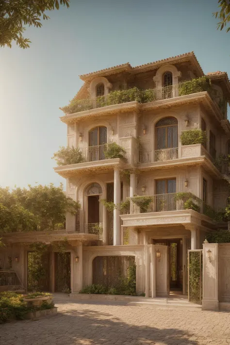 A luxurious and intricately detailed three-story neo-classical villa exterior scene, showcasing opulence. The art form chosen for this depiction is photography, captured with a 50mm lens. The esteemed photographer Ansel Adams serves as the source of inspiration. The villa stands amidst lush gardens, its ornate architecture emphasized by the play of shadows and sunlight. The color temperature is warm, enhancing the golden accents of the villa's design. The atmosphere exudes elegance, while the subjects exhibit serene expressions. Soft, natural lighting envelops the scene, creating a timeless ambiance