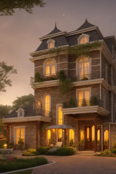 Evoking the essence of a meticulously crafted three-story classical mansion exterior in a digital illustration format. This work draws inspiration from the renowned artist Thomas Kinkade. The mansion is surrounded by a picturesque landscape, each detail carefully rendered, harmonizing nature and architectural grandeur. A balanced color temperature enriches the scene with a golden glow. The characters' faces bear content expressions, mirroring the tranquil ambiance. Illuminated by warm light, the scene imparts a dreamlike quality and a sense of serenity