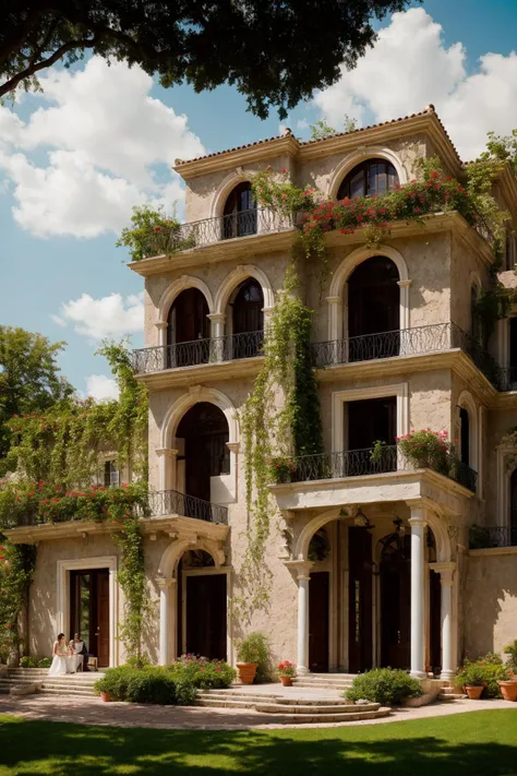 A luxurious and intricately detailed three-story neo-classical villa exterior scene, showcasing opulence. The art form chosen for this depiction is photography, captured with a 50mm lens. The esteemed photographer Ansel Adams serves as the source of inspiration. The villa stands amidst lush gardens, its ornate architecture emphasized by the play of shadows and sunlight. The color temperature is warm, enhancing the golden accents of the villa's design. The atmosphere exudes elegance, while the subjects exhibit serene expressions. Soft, natural lighting envelops the scene, creating a timeless ambiance