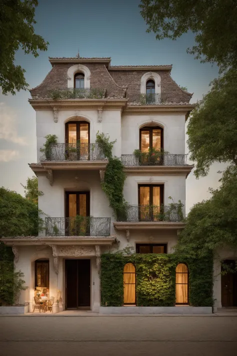 A luxurious and intricately detailed three-story neo-classical villa exterior scene, showcasing opulence. The art form chosen for this depiction is photography, captured with a 50mm lens. The esteemed photographer Ansel Adams serves as the source of inspiration. The villa stands amidst lush gardens, its ornate architecture emphasized by the play of shadows and sunlight. The color temperature is warm, enhancing the golden accents of the villa's design. The atmosphere exudes elegance, while the subjects exhibit serene expressions. Soft, natural lighting envelops the scene, creating a timeless ambiance