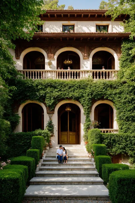 A luxurious and intricately detailed three-story neo-classical villa exterior scene, showcasing opulence. The art form chosen for this depiction is photography, captured with a 50mm lens. The esteemed photographer Ansel Adams serves as the source of inspiration. The villa stands amidst lush gardens, its ornate architecture emphasized by the play of shadows and sunlight. The color temperature is warm, enhancing the golden accents of the villa's design. The atmosphere exudes elegance, while the subjects exhibit serene expressions. Soft, natural lighting envelops the scene, creating a timeless ambiance
