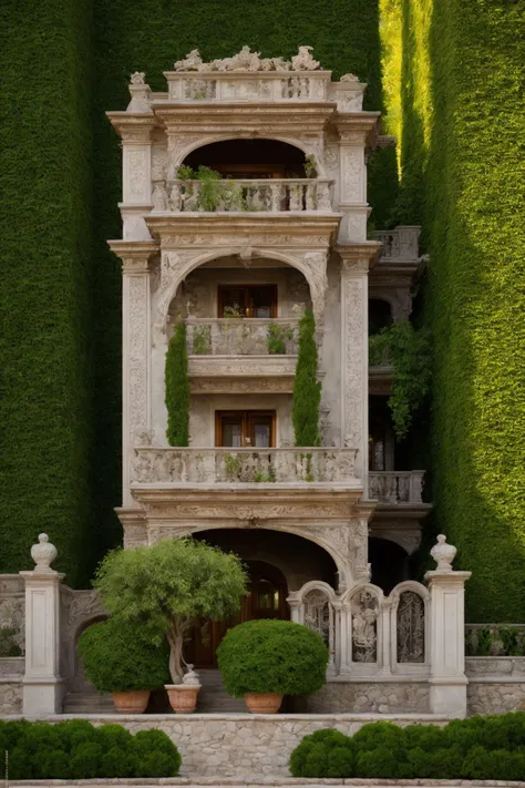 A luxurious and intricately detailed three-story neo-classical villa exterior scene, showcasing opulence. The art form chosen for this depiction is photography, captured with a 50mm lens. The esteemed photographer Ansel Adams serves as the source of inspiration. The villa stands amidst lush gardens, its ornate architecture emphasized by the play of shadows and sunlight. The color temperature is warm, enhancing the golden accents of the villa's design. The atmosphere exudes elegance, while the subjects exhibit serene expressions. Soft, natural lighting envelops the scene, creating a timeless ambiance