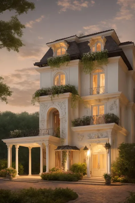 Evoking the essence of a meticulously crafted three-story classical mansion exterior in a digital illustration format. This work draws inspiration from the renowned artist Thomas Kinkade. The mansion is surrounded by a picturesque landscape, each detail carefully rendered, harmonizing nature and architectural grandeur. A balanced color temperature enriches the scene with a golden glow. The characters' faces bear content expressions, mirroring the tranquil ambiance. Illuminated by warm light, the scene imparts a dreamlike quality and a sense of serenity