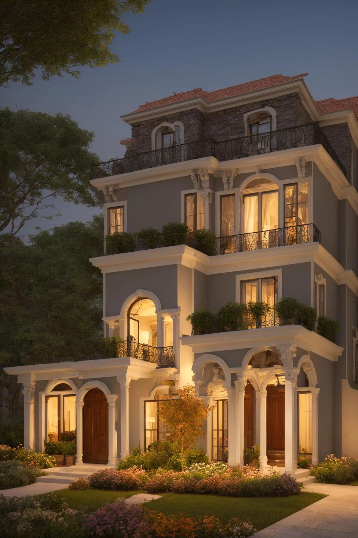Evoking the essence of a meticulously crafted three-story classical mansion exterior in a digital illustration format. This work draws inspiration from the renowned artist Thomas Kinkade. The mansion is surrounded by a picturesque landscape, each detail carefully rendered, harmonizing nature and architectural grandeur. A balanced color temperature enriches the scene with a golden glow. The characters' faces bear content expressions, mirroring the tranquil ambiance. Illuminated by warm light, the scene imparts a dreamlike quality and a sense of serenity