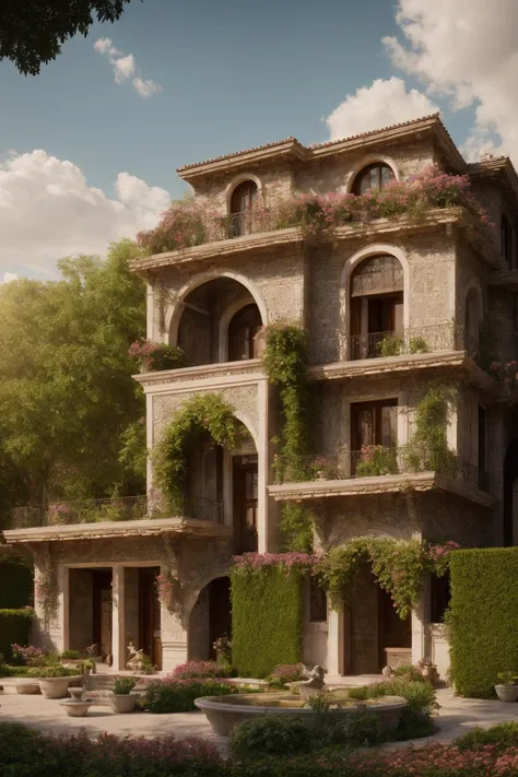 A luxurious and intricately detailed three-story neo-classical villa exterior scene, showcasing opulence. The art form chosen for this depiction is photography, captured with a 50mm lens. The esteemed photographer Ansel Adams serves as the source of inspiration. The villa stands amidst lush gardens, its ornate architecture emphasized by the play of shadows and sunlight. The color temperature is warm, enhancing the golden accents of the villa's design. The atmosphere exudes elegance, while the subjects exhibit serene expressions. Soft, natural lighting envelops the scene, creating a timeless ambiance