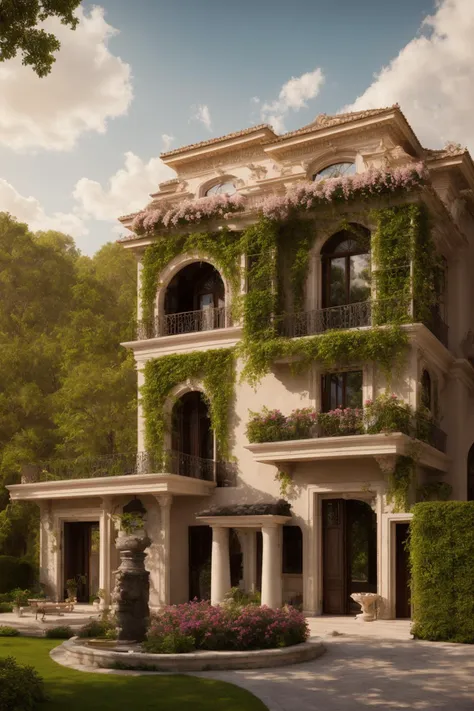 A luxurious and intricately detailed three-story neo-classical villa exterior scene, showcasing opulence. The art form chosen for this depiction is photography, captured with a 50mm lens. The esteemed photographer Ansel Adams serves as the source of inspiration. The villa stands amidst lush gardens, its ornate architecture emphasized by the play of shadows and sunlight. The color temperature is warm, enhancing the golden accents of the villa's design. The atmosphere exudes elegance, while the subjects exhibit serene expressions. Soft, natural lighting envelops the scene, creating a timeless ambiance