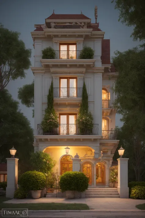 Evoking the essence of a meticulously crafted three-story classical mansion exterior in a digital illustration format. This work draws inspiration from the renowned artist Thomas Kinkade. The mansion is surrounded by a picturesque landscape, each detail carefully rendered, harmonizing nature and architectural grandeur. A balanced color temperature enriches the scene with a golden glow. The characters' faces bear content expressions, mirroring the tranquil ambiance. Illuminated by warm light, the scene imparts a dreamlike quality and a sense of serenity