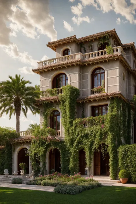 A luxurious and intricately detailed three-story neo-classical villa exterior scene, showcasing opulence. The art form chosen for this depiction is photography, captured with a 50mm lens. The esteemed photographer Ansel Adams serves as the source of inspiration. The villa stands amidst lush gardens, its ornate architecture emphasized by the play of shadows and sunlight. The color temperature is warm, enhancing the golden accents of the villa's design. The atmosphere exudes elegance, while the subjects exhibit serene expressions. Soft, natural lighting envelops the scene, creating a timeless ambiance