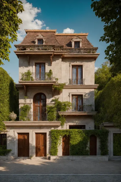 A luxurious and intricately detailed three-story neo-classical villa exterior scene, showcasing opulence. The art form chosen for this depiction is photography, captured with a 50mm lens. The esteemed photographer Ansel Adams serves as the source of inspiration. The villa stands amidst lush gardens, its ornate architecture emphasized by the play of shadows and sunlight. The color temperature is warm, enhancing the golden accents of the villa's design. The atmosphere exudes elegance, while the subjects exhibit serene expressions. Soft, natural lighting envelops the scene, creating a timeless ambiance