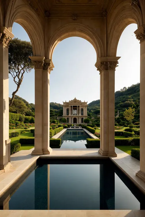 A lavish and intricately detailed neo-classical villa surrounded by lush gardens and reflecting pools, capturing opulence and grandeur in its essence. The art form chosen for this depiction is photography, shot with a 50mm lens to emphasize the architectural details and the symmetrical layout. Inspired by Ansel Adams, the scene showcases the villa's ornate facade against a backdrop of rolling hills and a soft golden sunset. The warm color temperature adds a touch of nostalgia, while the distant figures in the scene exhibit awe and admiration. The lighting creates a warm glow, enveloping the scene in a serene atmosphere