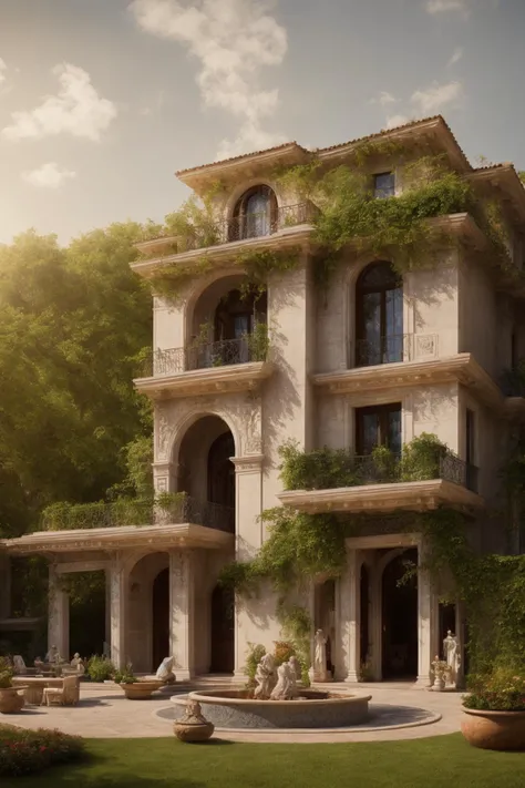A luxurious and intricately detailed three-story neo-classical villa exterior scene, showcasing opulence. The art form chosen for this depiction is photography, captured with a 50mm lens. The esteemed photographer Ansel Adams serves as the source of inspiration. The villa stands amidst lush gardens, its ornate architecture emphasized by the play of shadows and sunlight. The color temperature is warm, enhancing the golden accents of the villa's design. The atmosphere exudes elegance, while the subjects exhibit serene expressions. Soft, natural lighting envelops the scene, creating a timeless ambiance