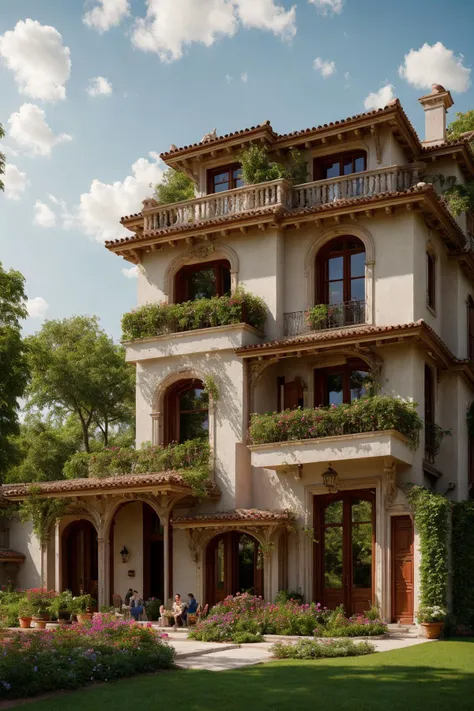 A luxurious and intricately detailed three-story neo-classical villa exterior scene, showcasing opulence. The art form chosen for this depiction is photography, captured with a 50mm lens. The esteemed photographer Ansel Adams serves as the source of inspiration. The villa stands amidst lush gardens, its ornate architecture emphasized by the play of shadows and sunlight. The color temperature is warm, enhancing the golden accents of the villa's design. The atmosphere exudes elegance, while the subjects exhibit serene expressions. Soft, natural lighting envelops the scene, creating a timeless ambiance