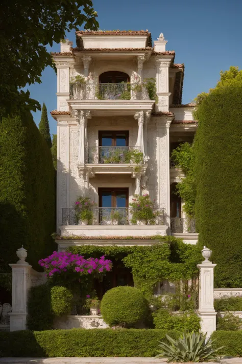 A luxurious and intricately detailed three-story neo-classical villa exterior scene, showcasing opulence. The art form chosen for this depiction is photography, captured with a 50mm lens. The esteemed photographer Ansel Adams serves as the source of inspiration. The villa stands amidst lush gardens, its ornate architecture emphasized by the play of shadows and sunlight. The color temperature is warm, enhancing the golden accents of the villa's design. The atmosphere exudes elegance, while the subjects exhibit serene expressions. Soft, natural lighting envelops the scene, creating a timeless ambiance