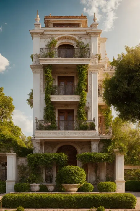 A luxurious and intricately detailed three-story neo-classical villa exterior scene, showcasing opulence. The art form chosen for this depiction is photography, captured with a 50mm lens. The esteemed photographer Ansel Adams serves as the source of inspiration. The villa stands amidst lush gardens, its ornate architecture emphasized by the play of shadows and sunlight. The color temperature is warm, enhancing the golden accents of the villa's design. The atmosphere exudes elegance, while the subjects exhibit serene expressions. Soft, natural lighting envelops the scene, creating a timeless ambiance