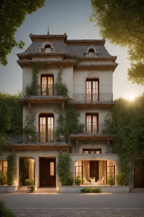 A luxurious and intricately detailed three-story neo-classical villa exterior scene, showcasing opulence. The art form chosen for this depiction is photography, captured with a 50mm lens. The esteemed photographer Ansel Adams serves as the source of inspiration. The villa stands amidst lush gardens, its ornate architecture emphasized by the play of shadows and sunlight. The color temperature is warm, enhancing the golden accents of the villa's design. The atmosphere exudes elegance, while the subjects exhibit serene expressions. Soft, natural lighting envelops the scene, creating a timeless ambiance