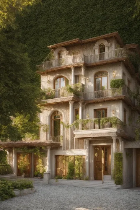 A luxurious and intricately detailed three-story neo-classical villa exterior scene, showcasing opulence. The art form chosen for this depiction is photography, captured with a 50mm lens. The esteemed photographer Ansel Adams serves as the source of inspiration. The villa stands amidst lush gardens, its ornate architecture emphasized by the play of shadows and sunlight. The color temperature is warm, enhancing the golden accents of the villa's design. The atmosphere exudes elegance, while the subjects exhibit serene expressions. Soft, natural lighting envelops the scene, creating a timeless ambiance