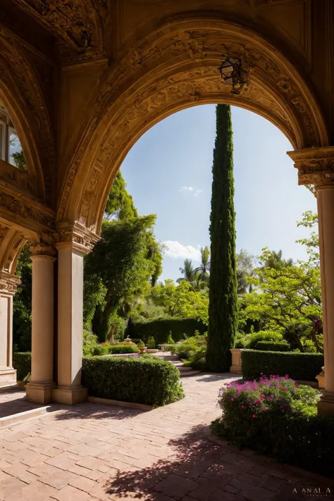 A luxurious and intricately detailed three-story neo-classical villa exterior scene, showcasing opulence. The art form chosen for this depiction is photography, captured with a 50mm lens. The esteemed photographer Ansel Adams serves as the source of inspiration. The villa stands amidst lush gardens, its ornate architecture emphasized by the play of shadows and sunlight. The color temperature is warm, enhancing the golden accents of the villa's design. The atmosphere exudes elegance, while the subjects exhibit serene expressions. Soft, natural lighting envelops the scene, creating a timeless ambiance