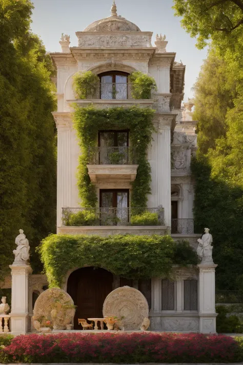 A luxurious and intricately detailed three-story neo-classical villa exterior scene, showcasing opulence. The art form chosen for this depiction is photography, captured with a 50mm lens. The esteemed photographer Ansel Adams serves as the source of inspiration. The villa stands amidst lush gardens, its ornate architecture emphasized by the play of shadows and sunlight. The color temperature is warm, enhancing the golden accents of the villa's design. The atmosphere exudes elegance, while the subjects exhibit serene expressions. Soft, natural lighting envelops the scene, creating a timeless ambiance