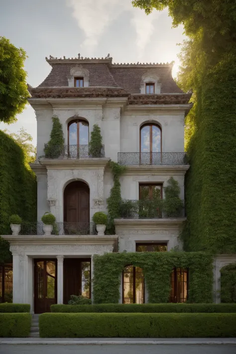 A luxurious and intricately detailed three-story neo-classical villa exterior scene, showcasing opulence. The art form chosen for this depiction is photography, captured with a 50mm lens. The esteemed photographer Ansel Adams serves as the source of inspiration. The villa stands amidst lush gardens, its ornate architecture emphasized by the play of shadows and sunlight. The color temperature is warm, enhancing the golden accents of the villa's design. The atmosphere exudes elegance, while the subjects exhibit serene expressions. Soft, natural lighting envelops the scene, creating a timeless ambiance