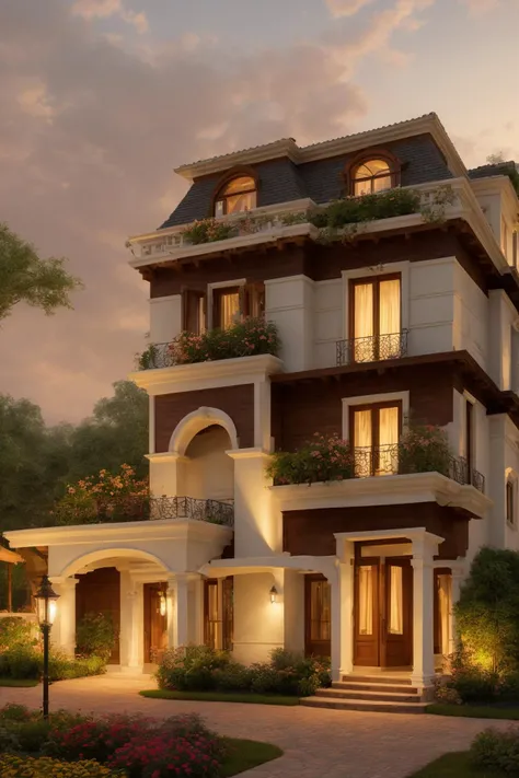 Evoking the essence of a meticulously crafted three-story classical mansion exterior in a digital illustration format. This work draws inspiration from the renowned artist Thomas Kinkade. The mansion is surrounded by a picturesque landscape, each detail carefully rendered, harmonizing nature and architectural grandeur. A balanced color temperature enriches the scene with a golden glow. The characters' faces bear content expressions, mirroring the tranquil ambiance. Illuminated by warm light, the scene imparts a dreamlike quality and a sense of serenity