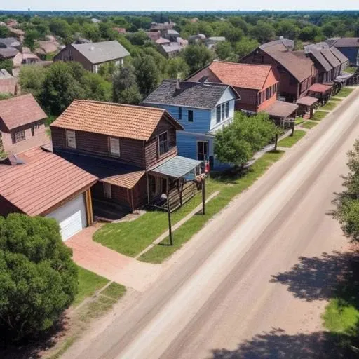 a high angle shot of a beautiful old american town where roads are made of dirt & houses are made of wood while a man in a 19th century outfit is waving and smiling to the camera