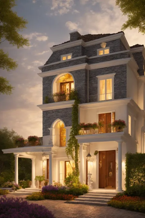 Evoking the essence of a meticulously crafted three-story classical mansion exterior in a digital illustration format. This work draws inspiration from the renowned artist Thomas Kinkade. The mansion is surrounded by a picturesque landscape, each detail carefully rendered, harmonizing nature and architectural grandeur. A balanced color temperature enriches the scene with a golden glow. The characters' faces bear content expressions, mirroring the tranquil ambiance. Illuminated by warm light, the scene imparts a dreamlike quality and a sense of serenity