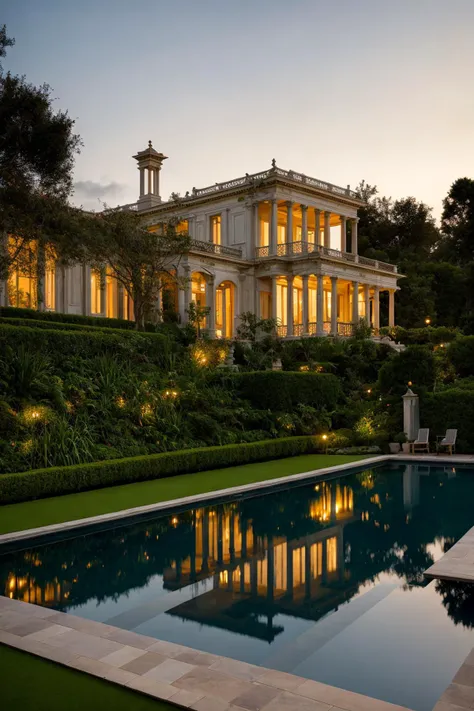 A lavish and intricately detailed neo-classical villa surrounded by lush gardens and reflecting pools, capturing opulence and grandeur in its essence. The art form chosen for this depiction is photography, shot with a 50mm lens to emphasize the architectural details and the symmetrical layout. Inspired by Ansel Adams, the scene showcases the villa's ornate facade against a backdrop of rolling hills and a soft golden sunset. The warm color temperature adds a touch of nostalgia, while the distant figures in the scene exhibit awe and admiration. The lighting creates a warm glow, enveloping the scene in a serene atmosphere