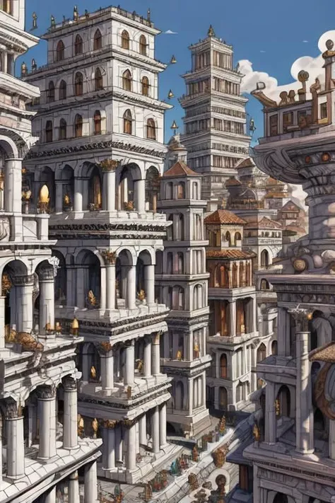 StackedCityAI, EdobAncientRome stacked rome buildings, monumental white columns, fantasy shiny white skyscrapers, detailed, vibrant, high walls, wide street, arcs, carved stone, no humans, masterpiece, best quality, geometric